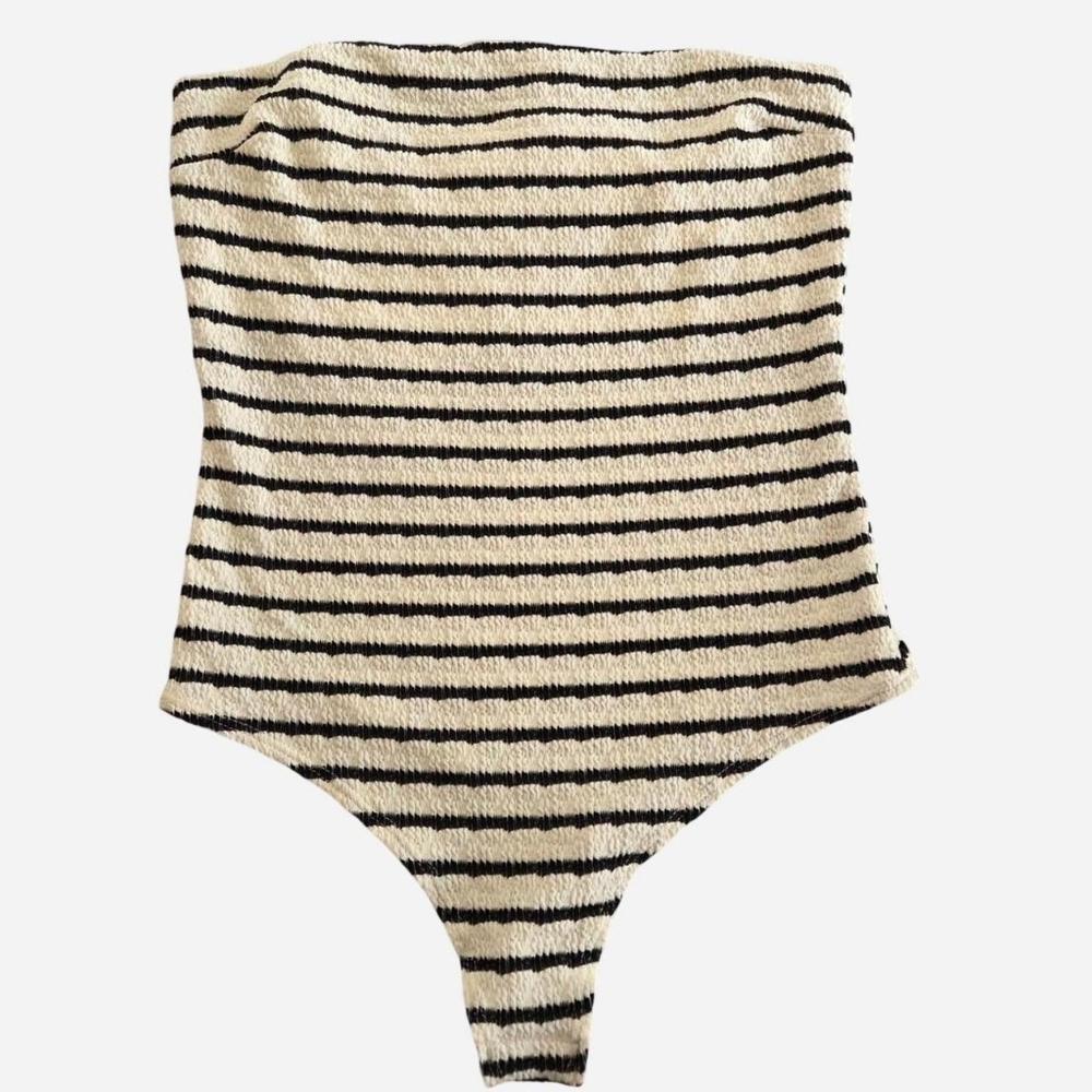 NWT Gaze Striped Strapless Textured Bodysuit Thong Black and White Juniors L - Picture 2 of 7